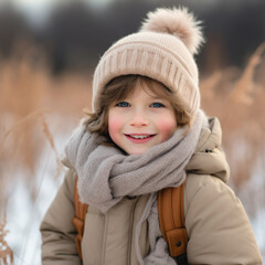 Joyful kid in winterwear looking at camera in natural environment in winter ai technology