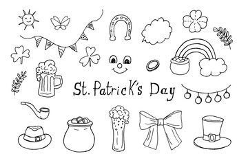 Set of doodle illustrations on St. Patrick's Day. Black and white drawings of beer, clover, rainbows, coins. Isolated vector images on white background. - Powered by Adobe