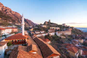 Aerial view of Kruja castle and bazaar, Albania.