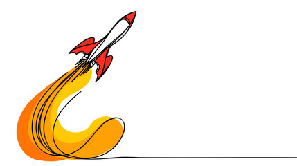 Business project Start Up concept with rocket ship in one line drawing style.