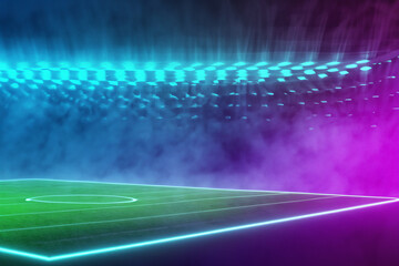 Soccer playing field textured with neon fog - center, midfield. 3D illustration. Champions League colors.