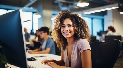 Smiling woman at a modern office, using state-of-the-art software to simplify her work