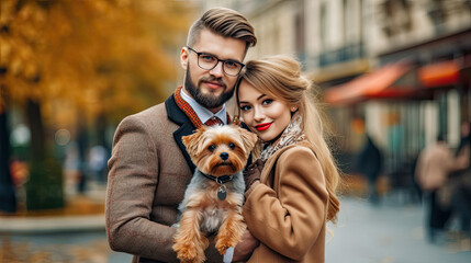 Portrait of beautiful couple in stylish clothes with dog in her arms walking around the city with...