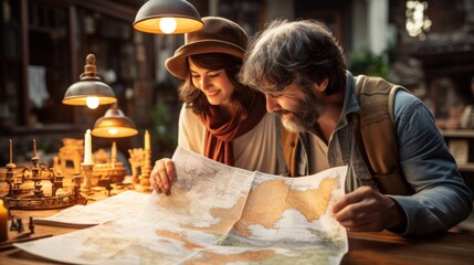 A man and woman looking at a map together, AI
