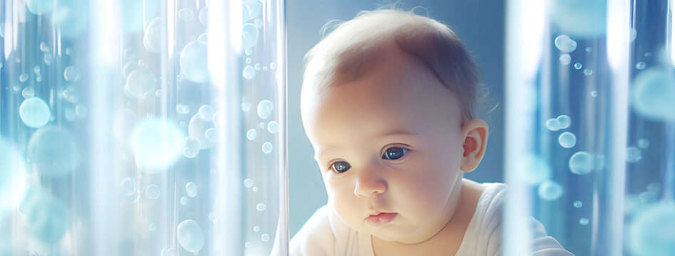 concept idea of baby in test tube, medical research, scientific medical innovation