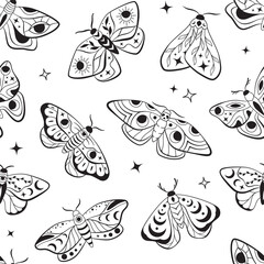 Celestial moon night moths, seamless pattern, background. Esoteric butterflies, boho line illustrations, vector drawings
