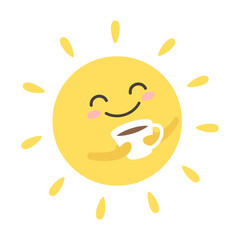 Cute smiling sun character with a cup of tea, coffee, morning illustration