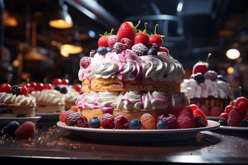 Foto op Plexiglas Delicious dessert cake on a plate. Fruit dessert cake. Pastry cake. Pastry making profession. © My Beautiful Picture