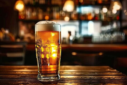 Cold and refreshing mug of beer takes center stage adorned with frothy layer of golden foam on wooden table. Ambient light adds warmth to setting creating cozy atmosphere in pub