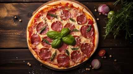 Tasty Italian pizza with salami, cheese and basil leaves. Top view