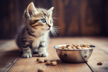 Small grey kitten  looks at a bowl with dry food. Advertising kitten dry food concept