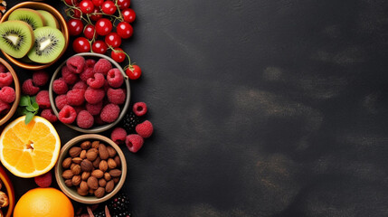 Fototapeta na wymiar Fruit superfood background on wooden background. Fruit various background. Top view, copy space