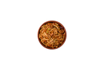 Delicious asian udon dish with vegetables, mushrooms, salt and spices