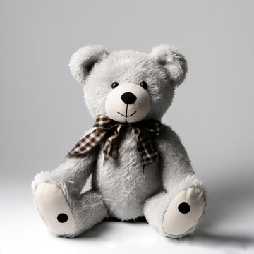 teddy bear on a gray background, soft toy for a child. Image of grey toy teddy bear sitting at isolated white background.