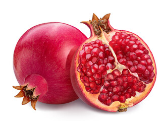 Pomegranate fruit and half of pomegranate isolated on white background.