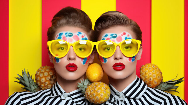 abstract composition of fruits and couple in sunglasses on a bright yellow background - Powered by Adobe