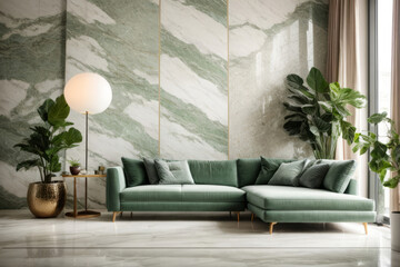 Interior home design of modern living room with green abstract marble stone panel wall with green sofa and green pillow