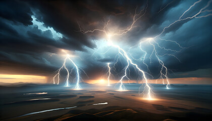 Expansive horizontal view of dusk landscape with multiple lightning strikes, dramatic sky, and reflections on field and water