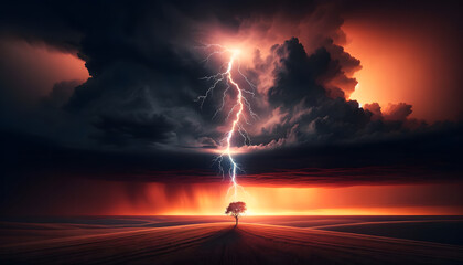 Intense lightning bolt striking a tree in an open plain at sunset, with dramatic orange-red sky and dark clouds