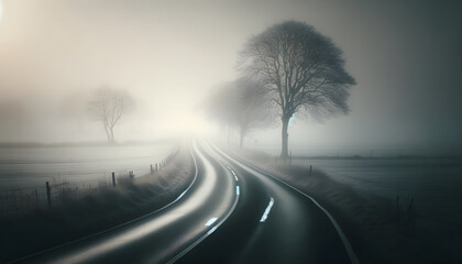 Early morning on a quiet, winding country road, shrouded in dense, white fog, with fields and sparse trees barely visible, creating a mysterious and solitary atmosphere