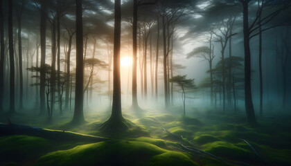 Tranquil dawn in a foggy forest, with towering trees partially veiled by thick fog, and the forest floor covered in lush green moss and fallen leaves.