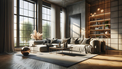 Modern living room with large windows, plush sofa, coffee table with books, vase, wooden flooring, and a contemporary art piece on the wall