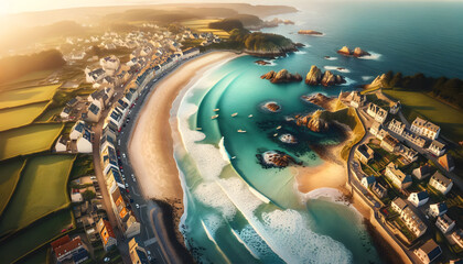 Aerial view of a picturesque coastal scene, showcasing a beach and a colorful town, captured with drone photography, highlighting the contrast between sea, sand, and urban landscape