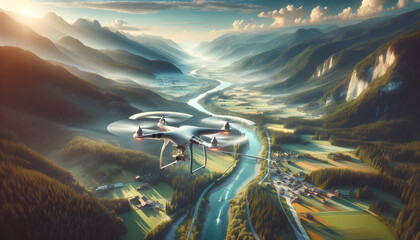 High-altitude aerial view of a scenic landscape captured by drone photography, featuring a harmonious blend of natural terrain and man-made structures.