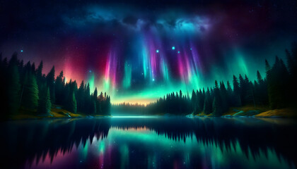 Fototapeta na wymiar Photorealistic image of aurora borealis over a calm lake and dense forest, reflecting vibrant colors in the water, under a starry sky in a 16x9 format