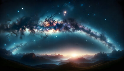 A photorealistic astrophotography scene with the Milky Way galaxy arching over a landscape of silhouetted mountains and trees under a star-filled sky.