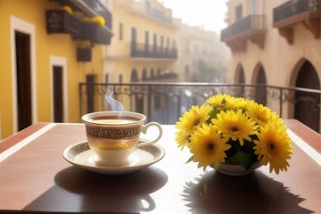 Poster A coffee cup and flowers on a table beside a balcony at sunrise © Thanh