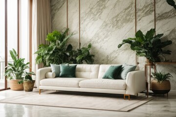 Interior home design of modern living room with green abstract marble stone panel wall with white sofa and green pillow - obrazy, fototapety, plakaty