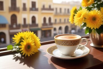 A coffee cup and flowers on a table beside a balcony at sunrise