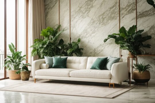 Interior home design of modern living room with green abstract marble stone panel wall with white sofa and green pillow