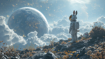 2:3 or 3:2 Space bunnies are taking eggs from the moon to Earth for Easter.For web design, book cover,greeting card,backgrounds, or other High quality printing projects.
