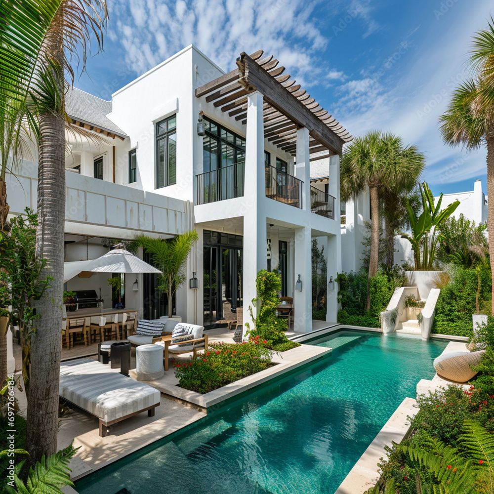 Wall mural a beautiful and award-winning two story all, white stucco home like in alys beach in florida decorat