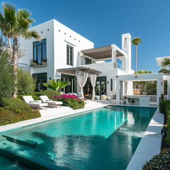 Fototapeta premium A beautiful and award-winning two story all, white stucco home like in Alys Beach in Florida decorated for Christmas and with a flat roof and large windows