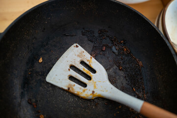 Close up of a dirty frying pan and a spatula