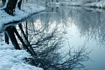 reflective surfaces of lakes or ponds covered in snow, presenting a cinematic and serene winter reflection.