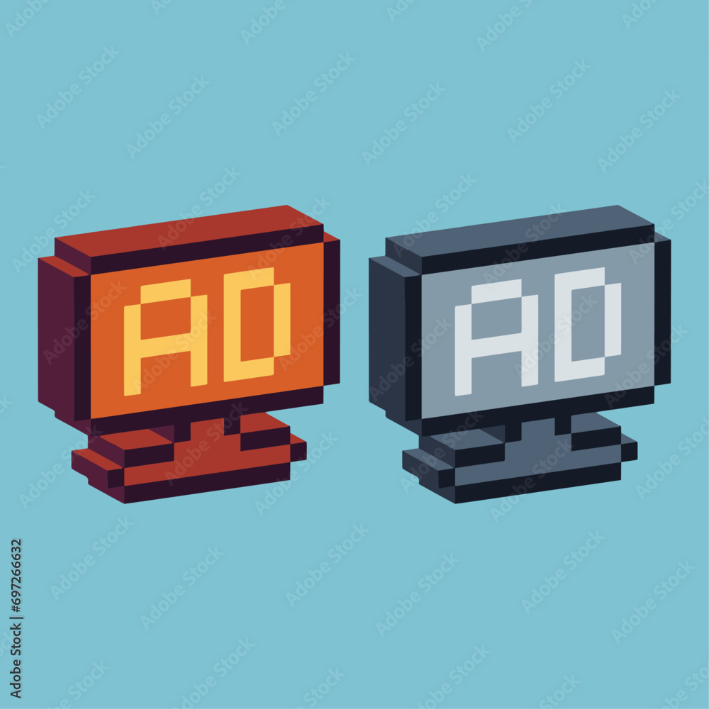 Poster isometric pixel art 3d of ad monitor icon for items asset. ads monitor icon on pixelated style.8bits