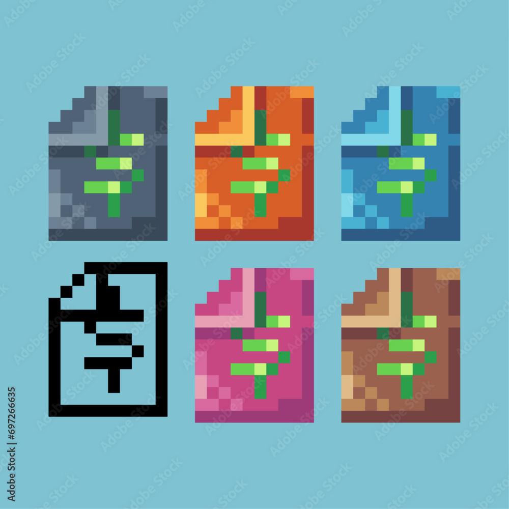 Poster pixel art sets of paper money icon with variation color item asset. money paper icon on pixelated st