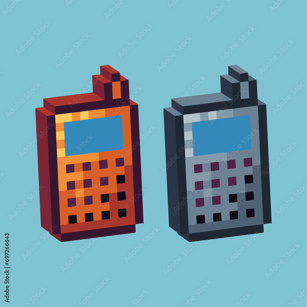 Poster isometric pixel art 3d of old phone icon for items asset. old phone icon on pixelated style.8bits pe