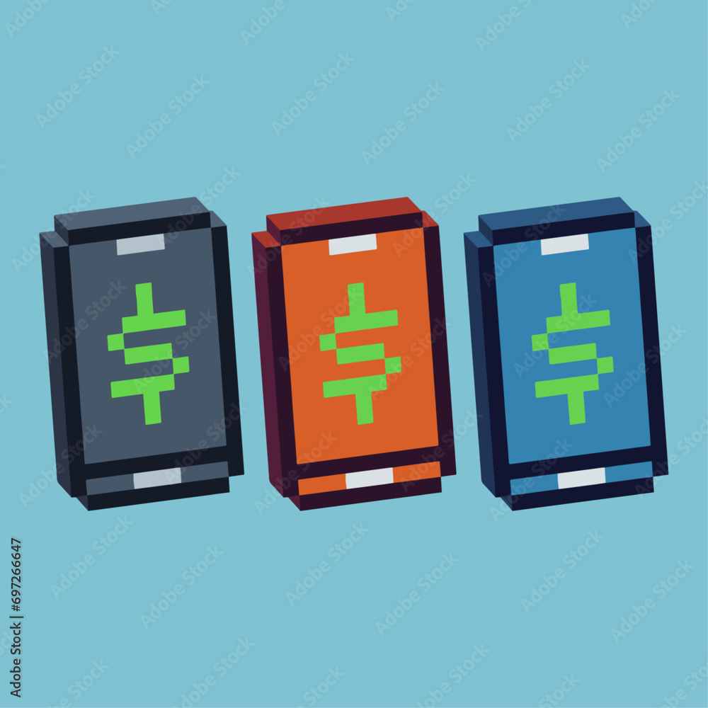 Poster isometric pixel art 3d of phone money icon for items asset. phone money icon on pixelated style.8bit