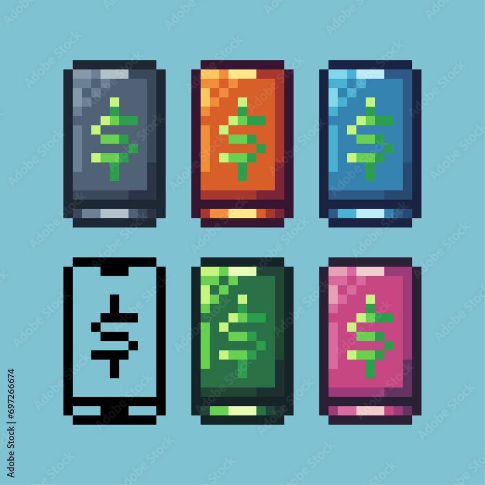 Poster pixel art sets of phone money icon with variation color item asset. money phone icon on pixelated st