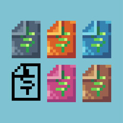 Pixel art sets of paper money icon with variation color item asset. money paper icon on pixelated style. 8bits perfect for game asset or design asset element for your game design asset