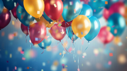many colorful balloons rising to the top against the background of the blue sky, colorful confetti is flying everywhere, the maximum atmosphere of the holiday