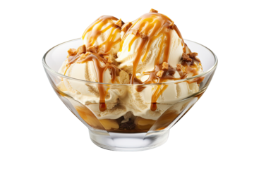 delicious butterscotch ice cream in a bowl isolated on transparent background