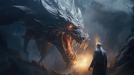 A man stands courageously in front of a massive dragon. This image can be used to depict bravery, fantasy, and adventure