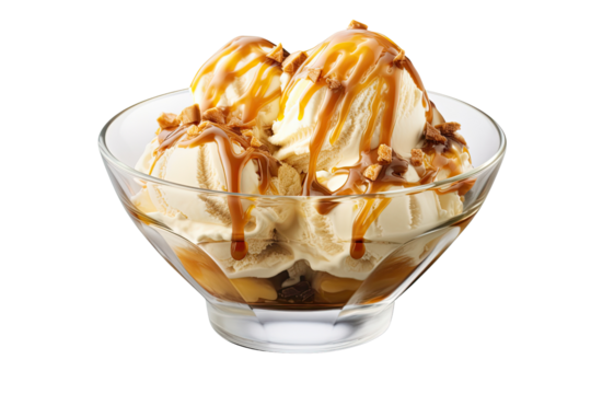 delicious butterscotch ice cream in a bowl isolated on transparent background