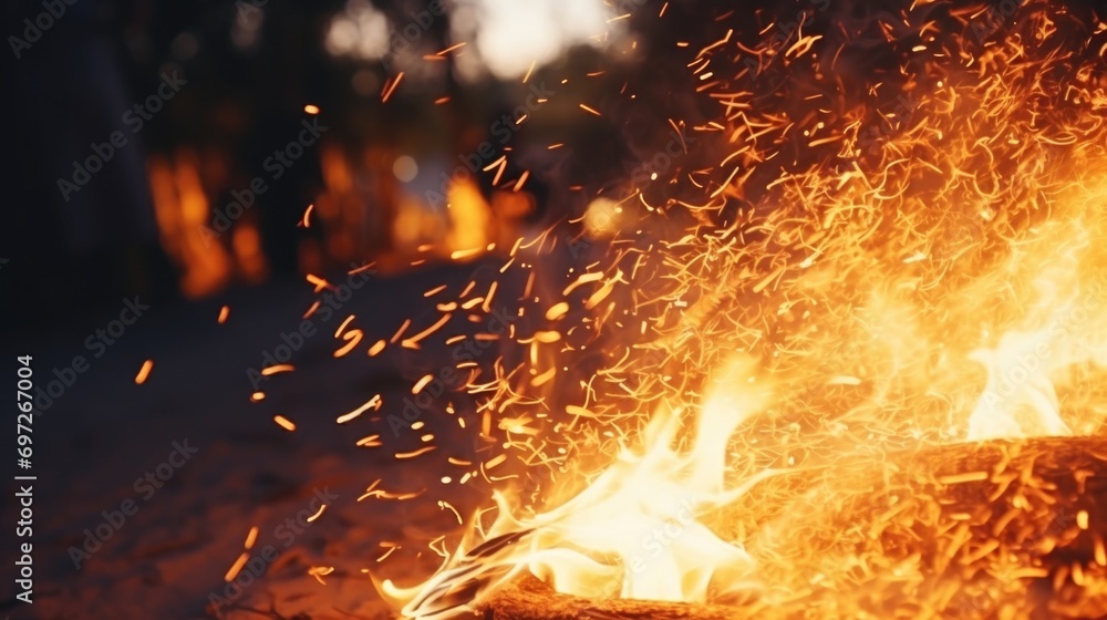 Poster a fire burning in the middle of the night. suitable for various uses